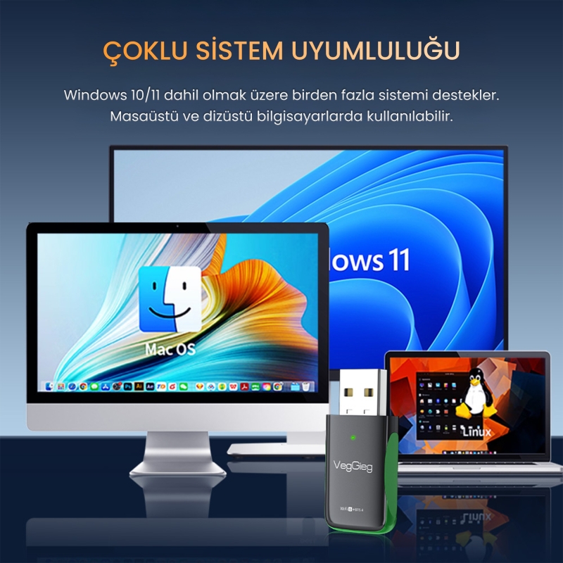VegGieg 1100 Mbps Dual Band Wi-Fi 6 Alıcı ve Bluetooth 5.4 Adaptör Mini USB Dongle - 7