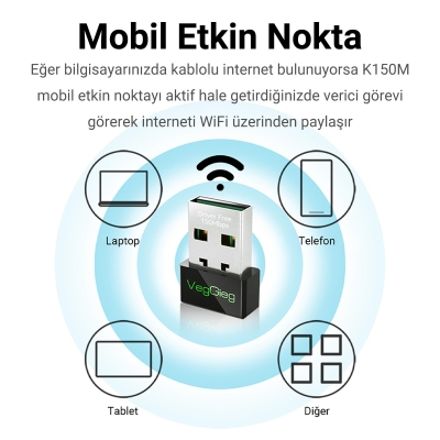 VegGieg 150 Mbps 2.4Ghz Kablosuz WiFi Alıcı Verici Nano USB Adaptör - 5