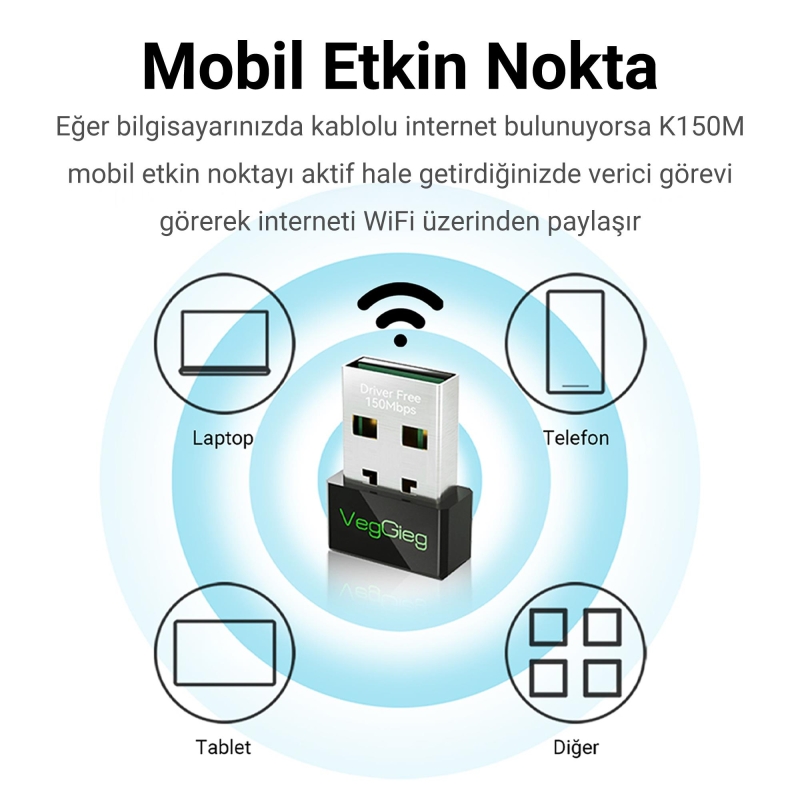 VegGieg 150 Mbps 2.4Ghz Kablosuz WiFi Alıcı Verici Nano USB Adaptör - 5