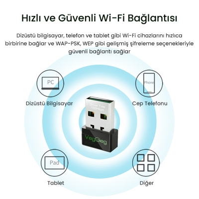 VegGieg 150 Mbps 2.4Ghz Kablosuz WiFi Alıcı Verici Nano USB Adaptör - 3