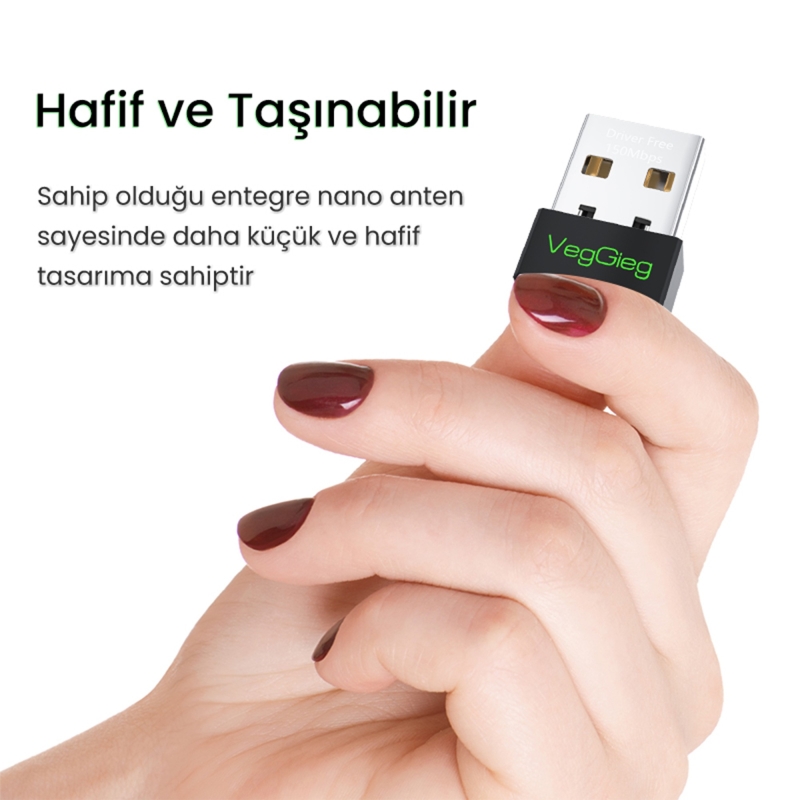 VegGieg 150 Mbps 2.4Ghz Kablosuz WiFi Alıcı Verici Nano USB Adaptör - 5