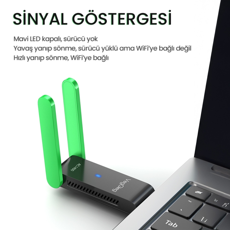 VegGieg 1400 Mbps 2.4GHz/5GHz Dual Band Gigabit Alıcı Verici USB WiFi Adaptör - 5