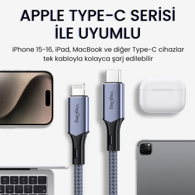 VegGieg 27W 3A USB Type-C to Lightning iPhone iPad Hızlı Şarj ve Data Kablosu 2 Metre - 6