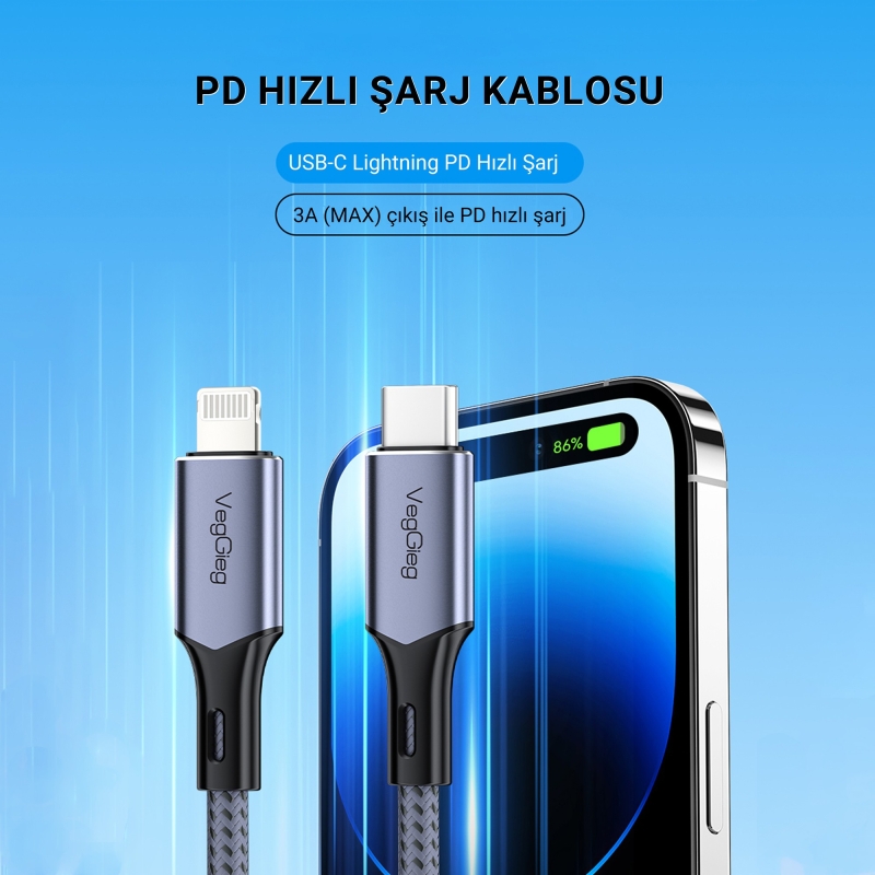 Veggieg 27W 3A USB Type-C to Lightning iPhone iPad Hızlı Şarj ve Data Kablosu 2 Metre - 2