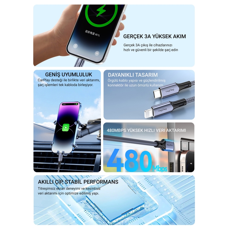 Veggieg 27W 3A USB Type-C to Lightning iPhone iPad Hızlı Şarj ve Data Kablosu 2 Metre - 3
