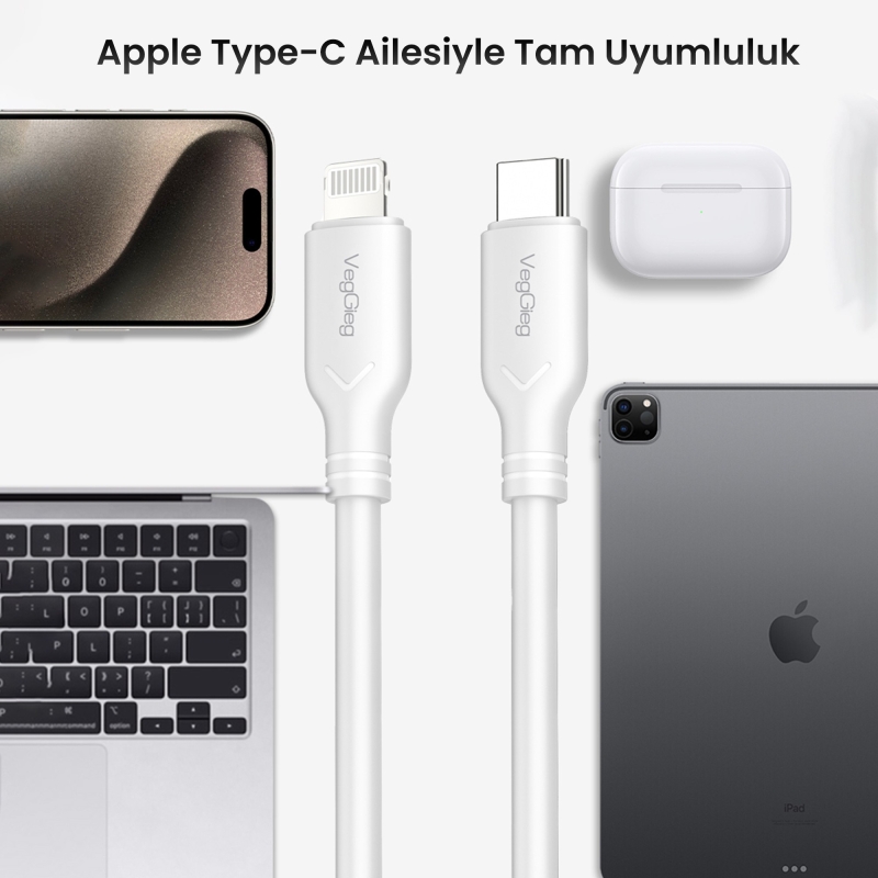 VegGieg 27W Type-C to Lightning iPhone iPad Uyumlu PD Hızlı Şarj ve Data Kablosu 1.2 Metre - 4