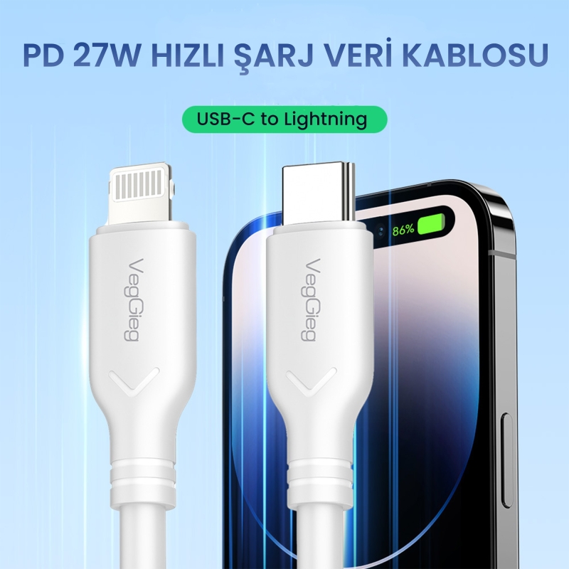 VegGieg 27W Type-C to Lightning iPhone iPad Uyumlu PD Hızlı Şarj ve Data Kablosu 1.2 Metre - 2