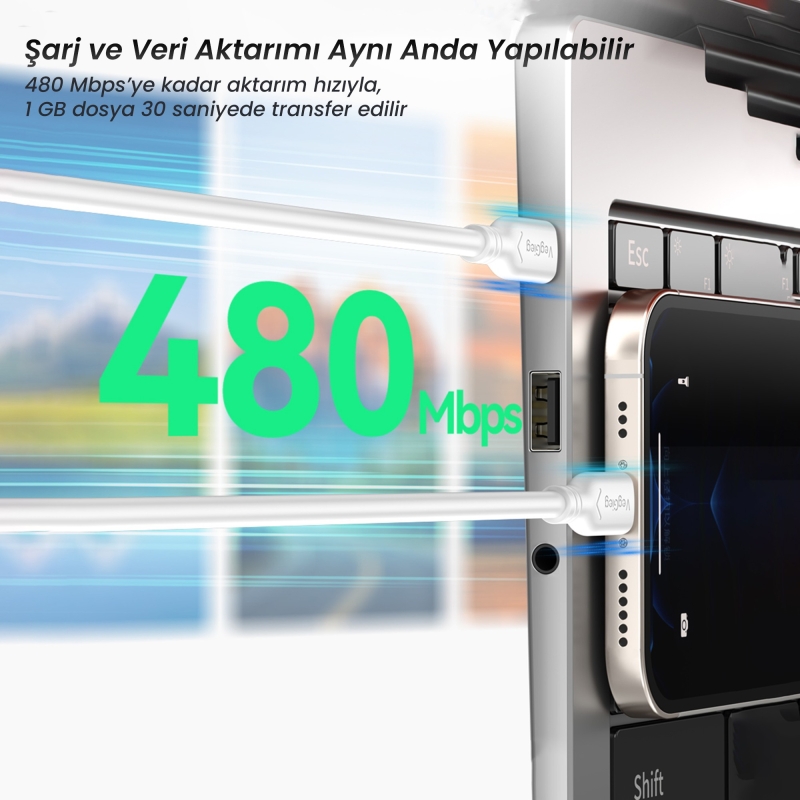 VegGieg 27W Type-C to Lightning iPhone iPad Uyumlu PD Hızlı Şarj ve Data Kablosu 1.2 Metre - 5