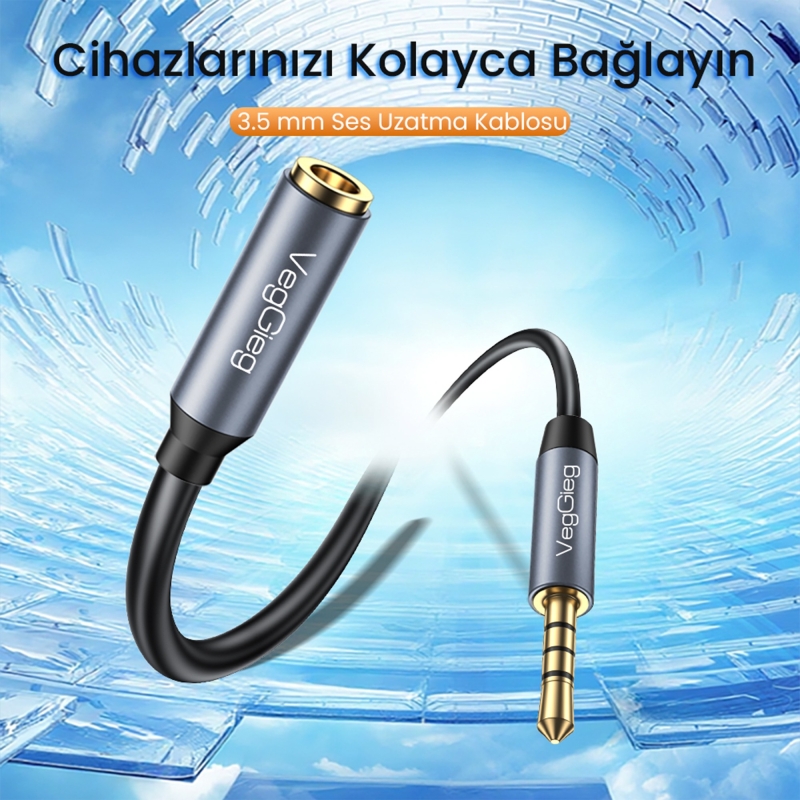 VegGieg 3.5mm TRRS Aux Kulaklık Mikrofon Ses Uzatma Kablosu 1 Metre - 2