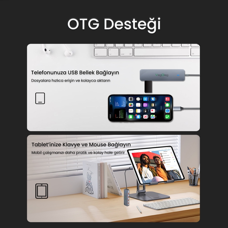 VegGieg 4 Portlu 10Gbps Type-C to 2*USB-A 2*Type-C USB 3.2 Gen2 USB Çoklayıcı Dönüştürücü Hub - 4