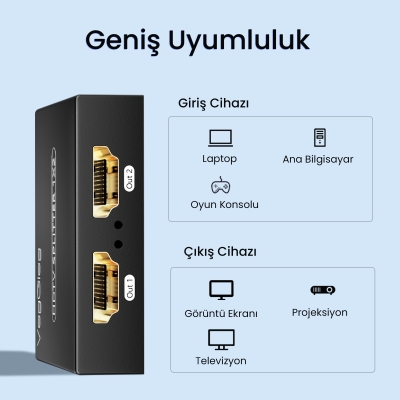 VegGieg 4K 30Hz 1 Giriş 2 Çıkış HDMI Splitter Görüntü Ayırıcı Bölücü Adaptör - 5