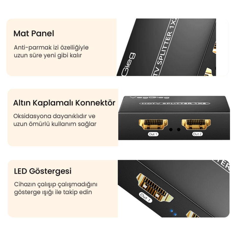 VegGieg 4K 30Hz 1 Giriş 2 Çıkış HDMI Splitter Görüntü Ayırıcı Bölücü Adaptör - 7