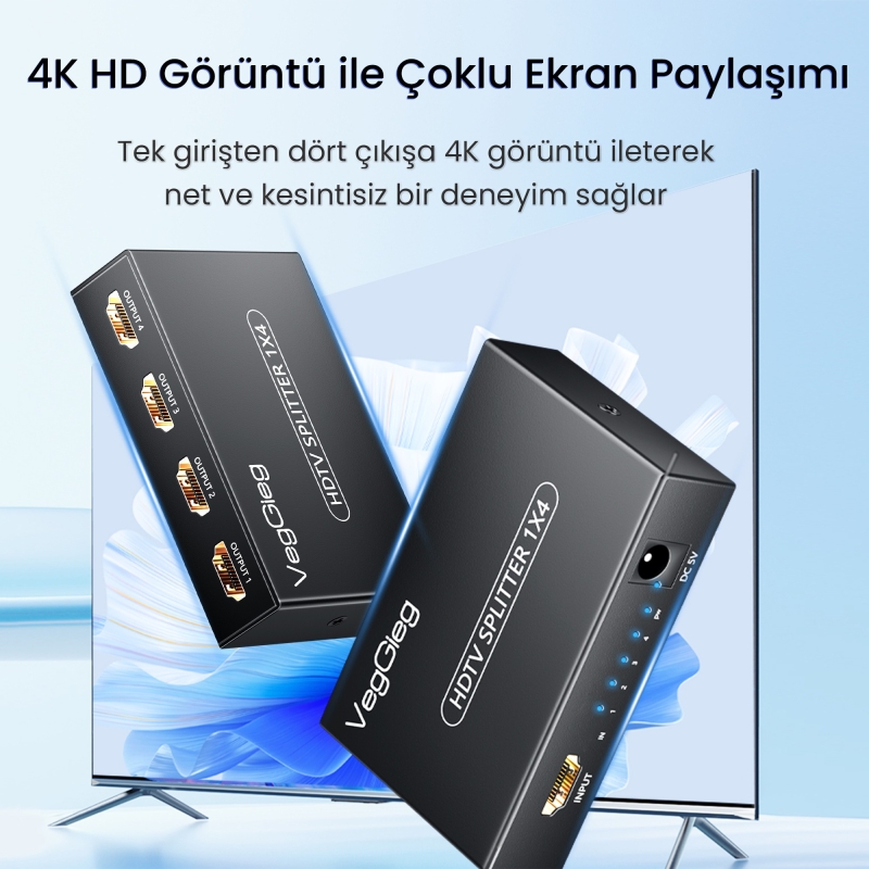 VegGieg 4K 30Hz 1 Giriş 4 Çıkış HDMI Splitter Görüntü Ayırıcı Bölücü Adaptör - 2