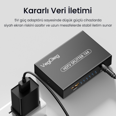 VegGieg 4K 30Hz 1 Giriş 4 Çıkış HDMI Splitter Görüntü Ayırıcı Bölücü Adaptör - 5
