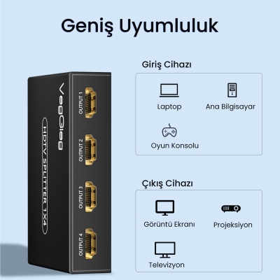 VegGieg 4K 30Hz 1 Giriş 4 Çıkış HDMI Splitter Görüntü Ayırıcı Bölücü Adaptör - 6