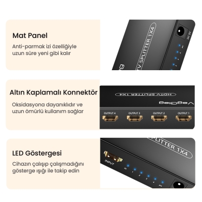 VegGieg 4K 30Hz 1 Giriş 4 Çıkış HDMI Splitter Görüntü Ayırıcı Bölücü Adaptör - 7