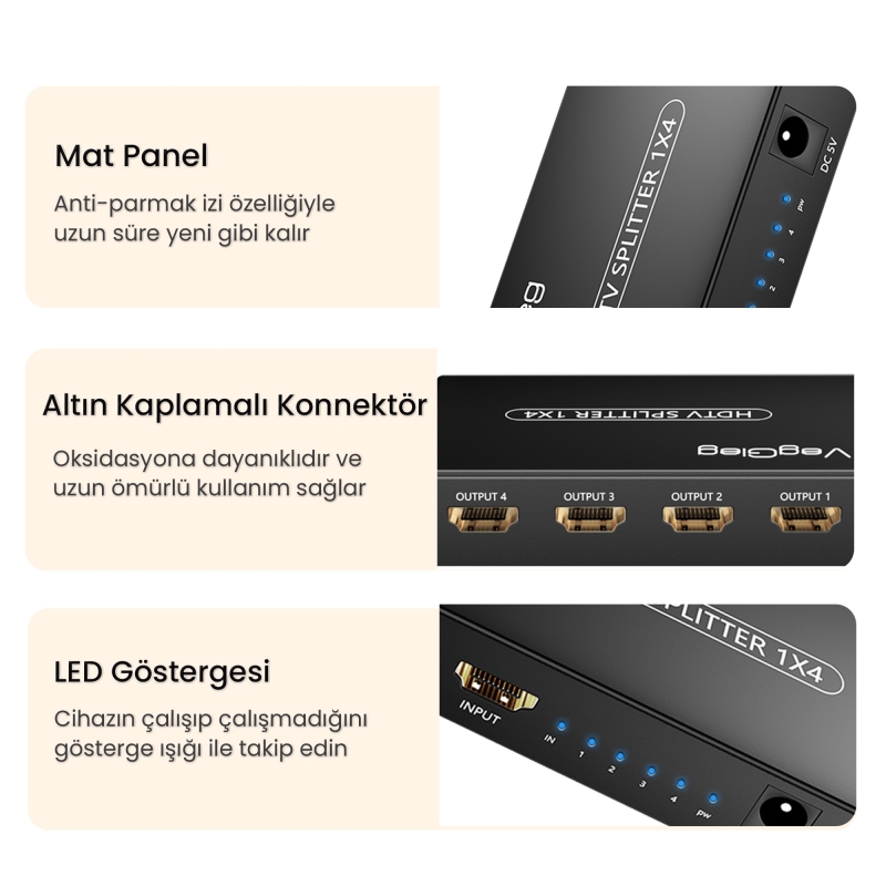 VegGieg 4K 30Hz 1 Giriş 4 Çıkış HDMI Splitter Görüntü Ayırıcı Bölücü Adaptör - 7