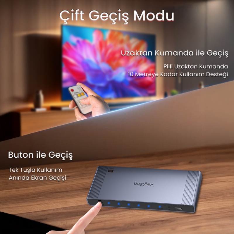 VegGieg 4K HDMI 2.0 Görüntü Seçici 5 Giriş 1 Çıkış Kumandalı Switch - 2