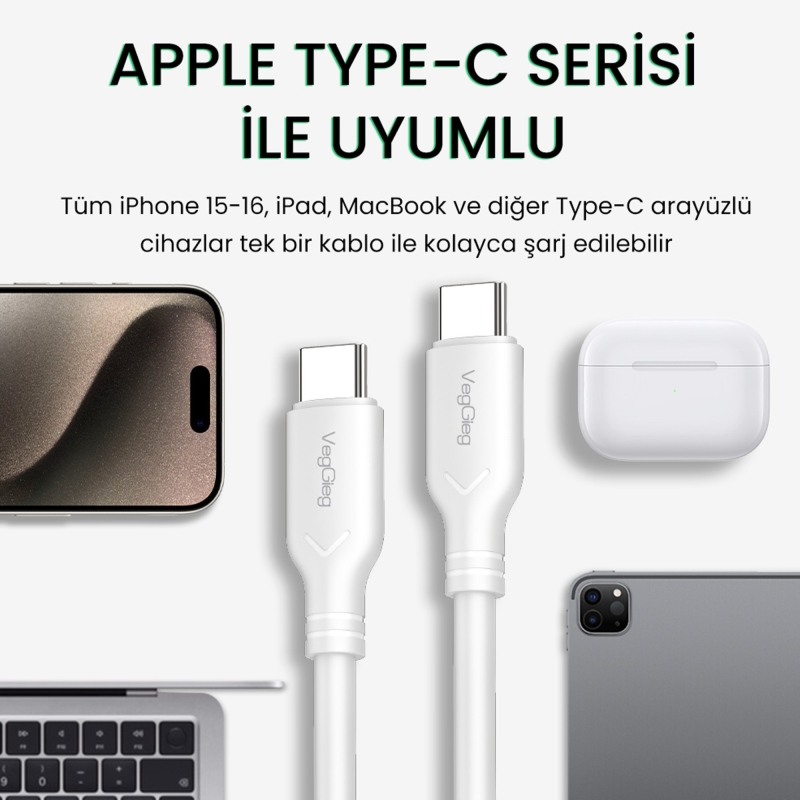 VegGieg 60W Type-C to Type-C Hızlı Şarj ve Data Kablosu 1.2 Metre - 6
