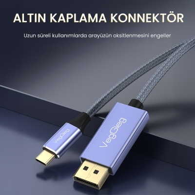 VegGieg 8K/60Hz 4K/144Hz/120Hz Type-C 3.1 to Displayport 1.4 Çift Yönlü Kablo 2 Metre - 3