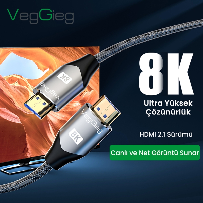 VegGieg 8K 60Hz 4K 120Hz 48 Gbps HDR ARC HDCP Örgülü HDMI 2.1 Kablo 3 Metre - 2