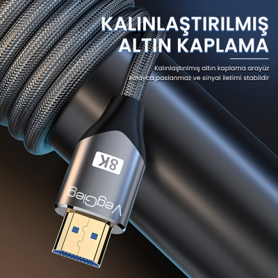 VegGieg 8K 60Hz 4K 120Hz 48 Gbps HDR ARC HDCP Örgülü HDMI 2.1 Kablo 3 Metre - 4