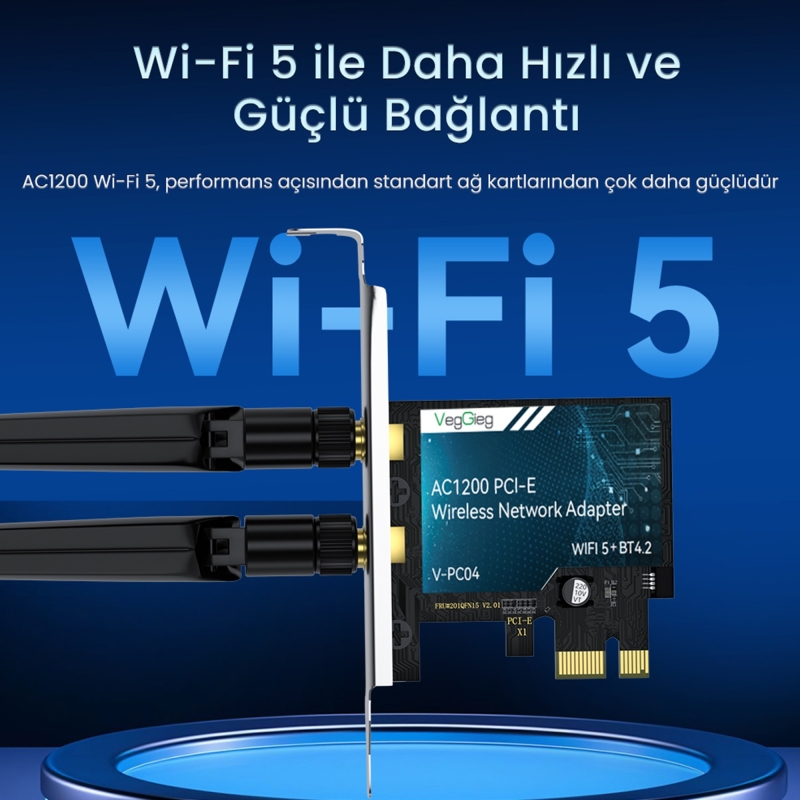 VegGieg AX1200 Wi-Fi 5 Alıcı ve Bluetooth 4.2 Adaptör 5DB Dual Anten PCIe Wifi Ağ Kartı - 3