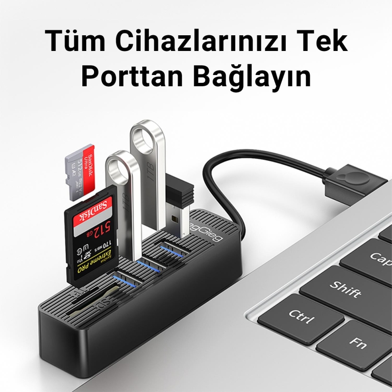 VegGieg USB 2.0 SD - MicroSD Kart Okuyucu ve 3 Port USB Çoklayıcı Hub - 2