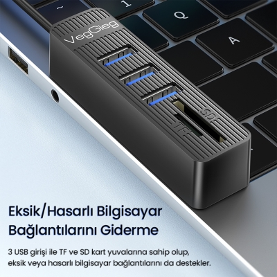 VegGieg USB 2.0 SD - MicroSD Kart Okuyucu ve 3 Port USB Çoklayıcı Hub - 2