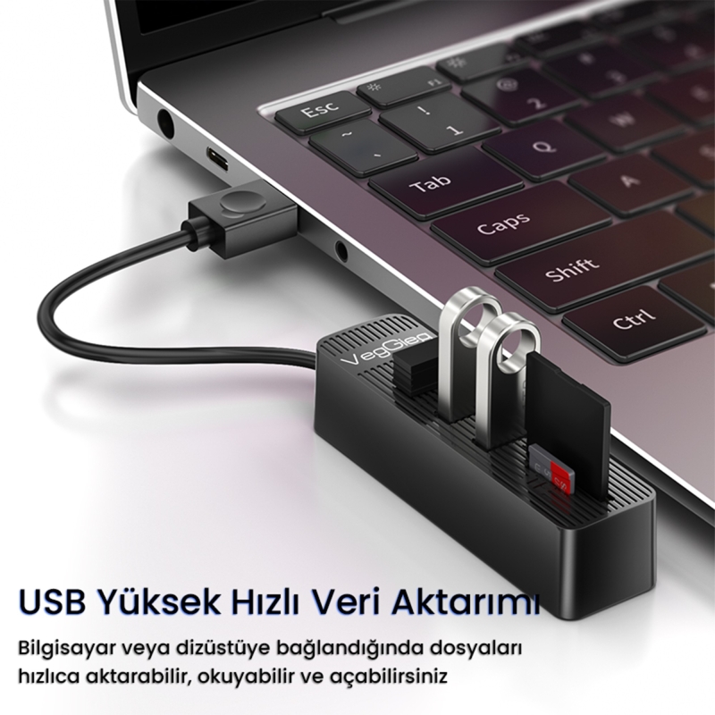 VegGieg USB 2.0 SD - MicroSD Kart Okuyucu ve 3 Port USB Çoklayıcı Hub - 4