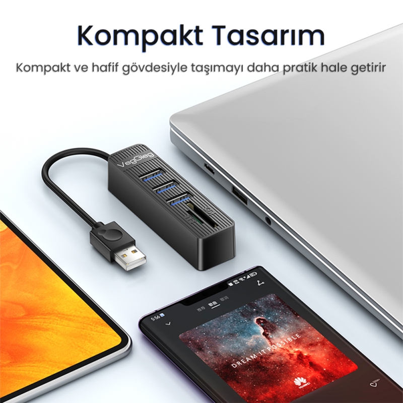 VegGieg USB 2.0 SD - MicroSD Kart Okuyucu ve 3 Port USB Çoklayıcı Hub - 6