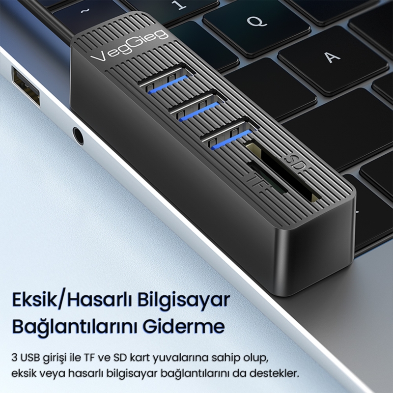VegGieg USB 2.0 SD - MicroSD Kart Okuyucu ve 3 Port USB Çoklayıcı Hub - 2