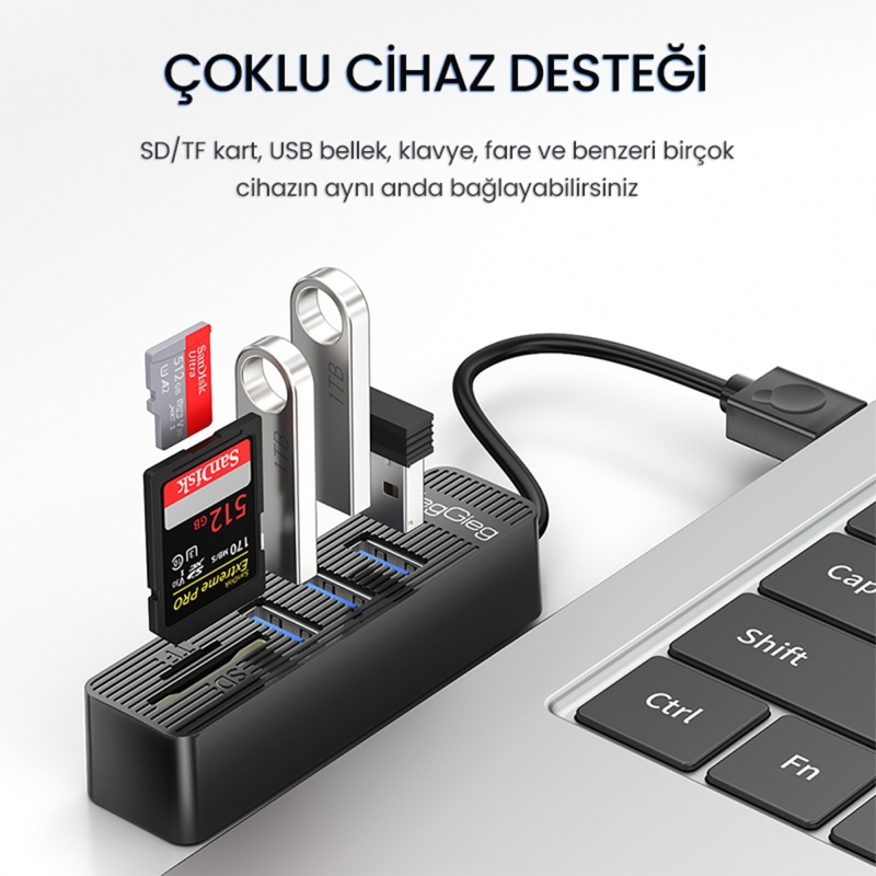 VegGieg USB 2.0 SD - MicroSD Kart Okuyucu ve 3 Port USB Çoklayıcı Hub - 3