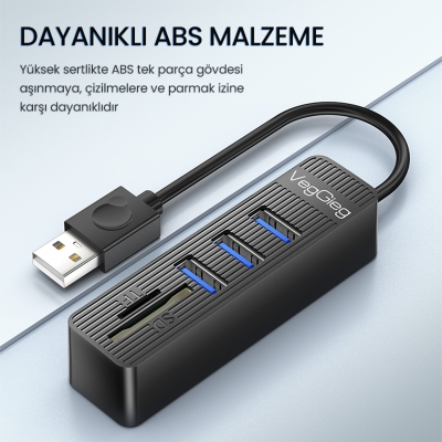 VegGieg USB 2.0 SD - MicroSD Kart Okuyucu ve 3 Port USB Çoklayıcı Hub - 5