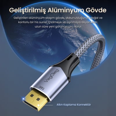 VegGieg Displayport 16K 60Hz 8K 240Hz 4K 240Hz 80 Gbps HDR ARC Örgülü DP 2.1 Kablo 1.5 Metre - 2