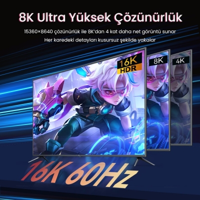 VegGieg Displayport 16K 60Hz 8K 240Hz 4K 240Hz 80 Gbps HDR ARC Örgülü DP 2.1 Kablo 1.5 Metre - 3