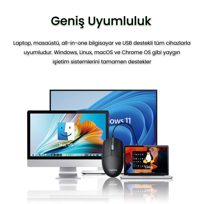 VegGieg G005 Optik 3 Tuşlu Sağ ve Sol Elle Kullanıma Uygun USB Kablolu Mouse Siyah - 7