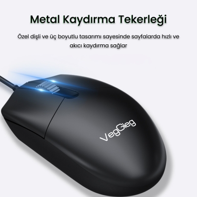 VegGieg G005 Optik 3 Tuşlu Sağ ve Sol Elle Kullanıma Uygun USB Kablolu Mouse Siyah - 4