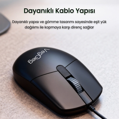 VegGieg G005 Optik 3 Tuşlu Sağ ve Sol Elle Kullanıma Uygun USB Kablolu Mouse Siyah - 5