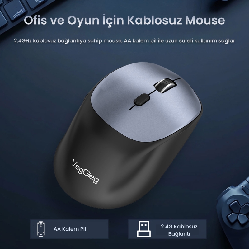 VegGieg G800 Kablosuz 2.4GHz 3600DPI Optik Mouse Gri - 3
