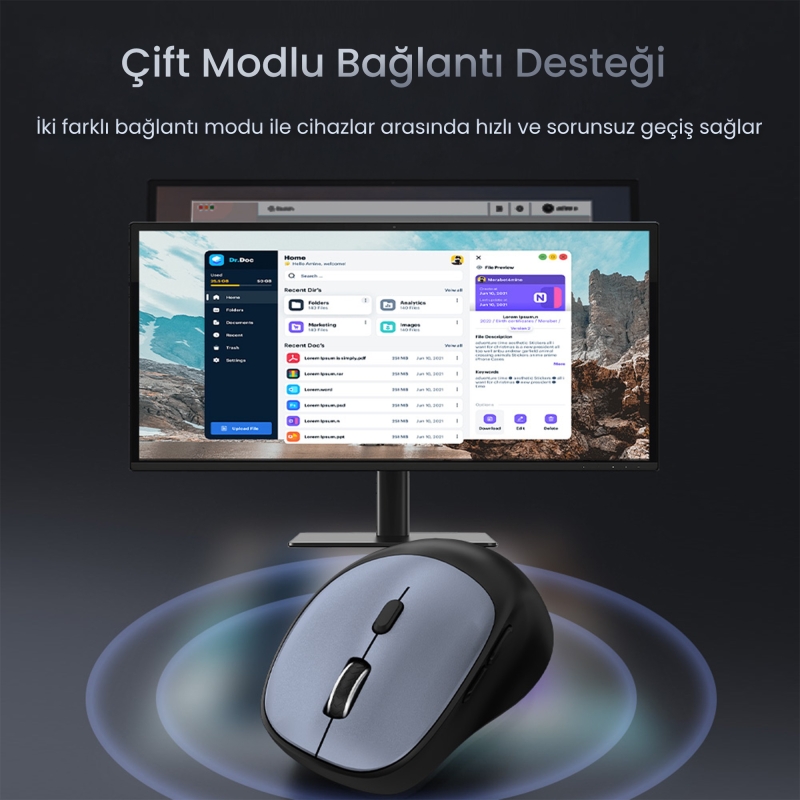 VegGieg G880 Dual-Mode Bluetooth 5.3 ve 2.4GHz 3600DPI Optik Kablosuz Mouse Gri - 3
