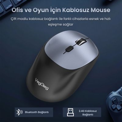 VegGieg G880 Dual-Mode Bluetooth 5.3 ve 2.4GHz 3600DPI Optik Kablosuz Mouse Gri - 4