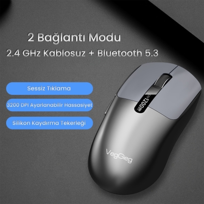 VegGieg G900 Dual-Mode Bluetooth 5.3 ve 2.4GHz 3600DPI Optik Kablosuz Mouse Siyah - 2