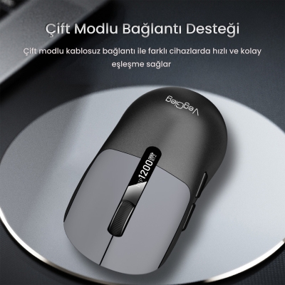 VegGieg G900 Dual-Mode Bluetooth 5.3 ve 2.4GHz 3600DPI Ekranlı Şarjlı Optik Kablosuz Mouse Siyah - 3