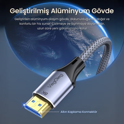 VegGieg HDMI 2.1 8K 60Hz 4K 120Hz 48 Gbps HDR eARC HDCP 2.2 Örgülü Ses ve Görüntü Kablosu 1 Metre - 2