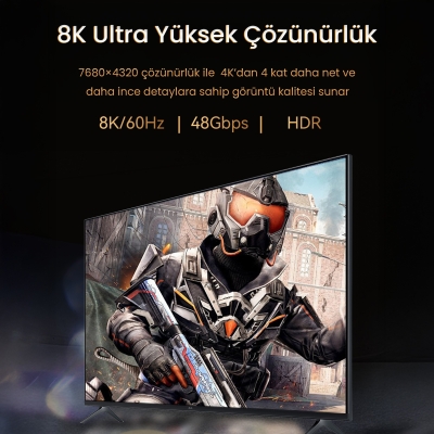 VegGieg HDMI 2.1 8K 60Hz 4K 120Hz 48 Gbps HDR eARC HDCP 2.2 Örgülü Ses ve Görüntü Kablosu 1.5 Metre - 4