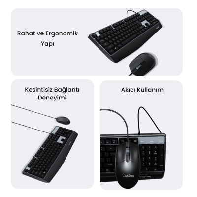 VegGieg MK500A Ergonomik Kablolu Türkçe Q Klavye Mouse Seti Siyah - 5