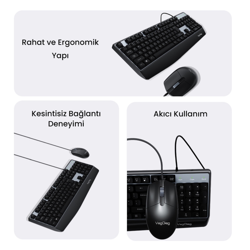 VegGieg MK500A Ergonomik Kablolu Türkçe Q Klavye Mouse Seti Siyah - 5