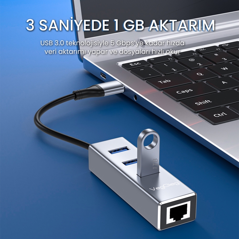 VegGieg USB ve Type-C Gigabit Ethernet Adaptörü 3 Port USB 3.0 Çoklayıcı Hub - 4