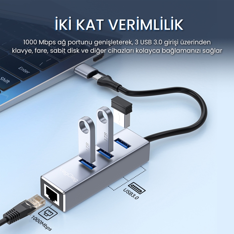 VegGieg USB ve Type-C Gigabit Ethernet Adaptörü 3 Port USB 3.0 Çoklayıcı Hub - 6